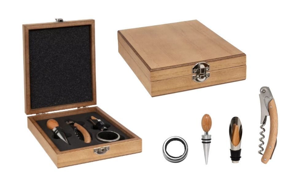 Coffret sommelier bois ouvert avec 4 accessoires vin acier inoxydable tire-bouchon bouchons personnalisable gravure laser