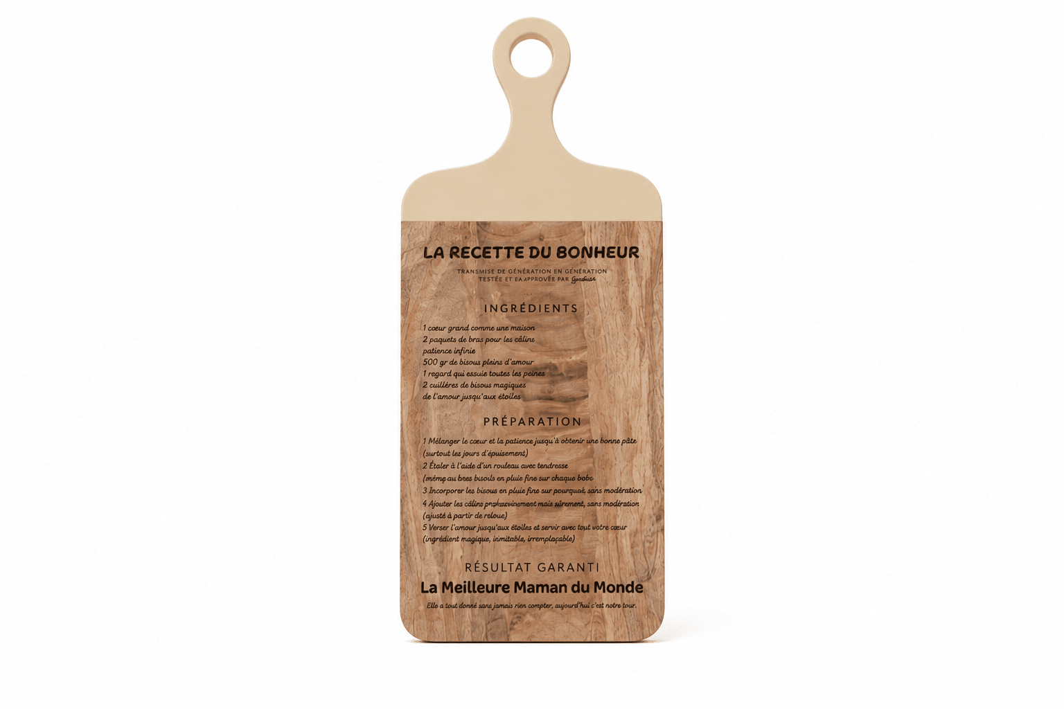 Planche apéro en bois de manguier gravée laser La Recette du Bonheur, personnalisable avec prénom, cadeau fête des mères