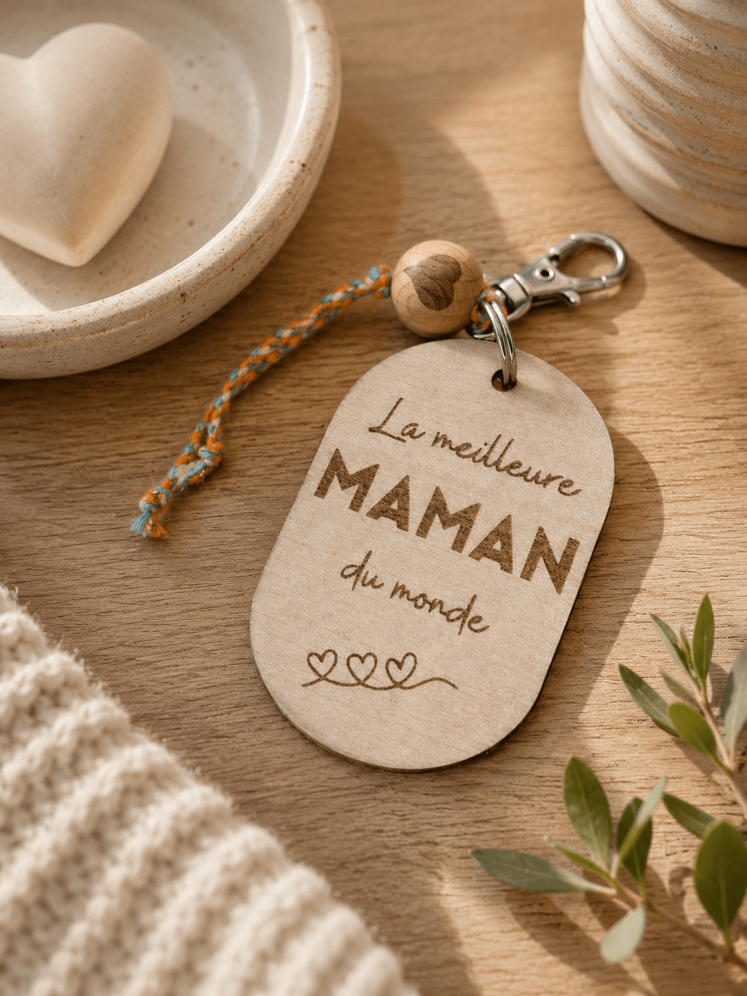 Porte-clés en bois gravé Meilleure Maman du Monde posé sur une table en bois, détail perle et mousqueton argenté