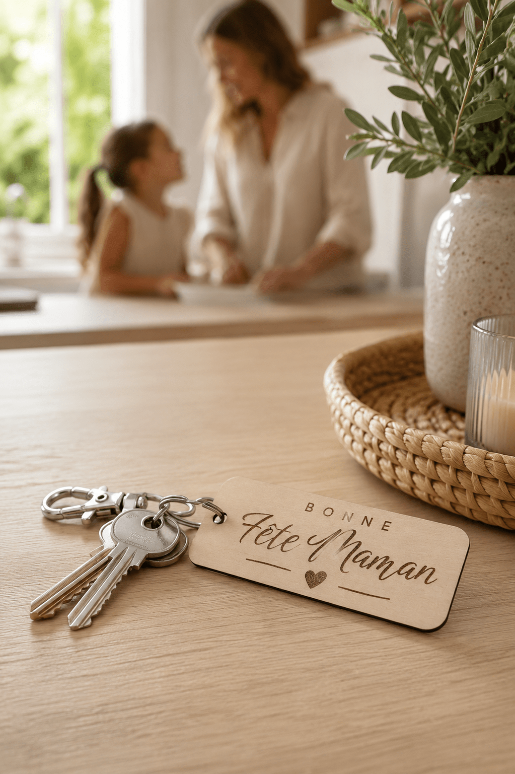 Porte-clés bois gravé Bonne Fête Maman avec trousseau de clés posé dans une entrée lumineuse, porte ouverte sur jardin
