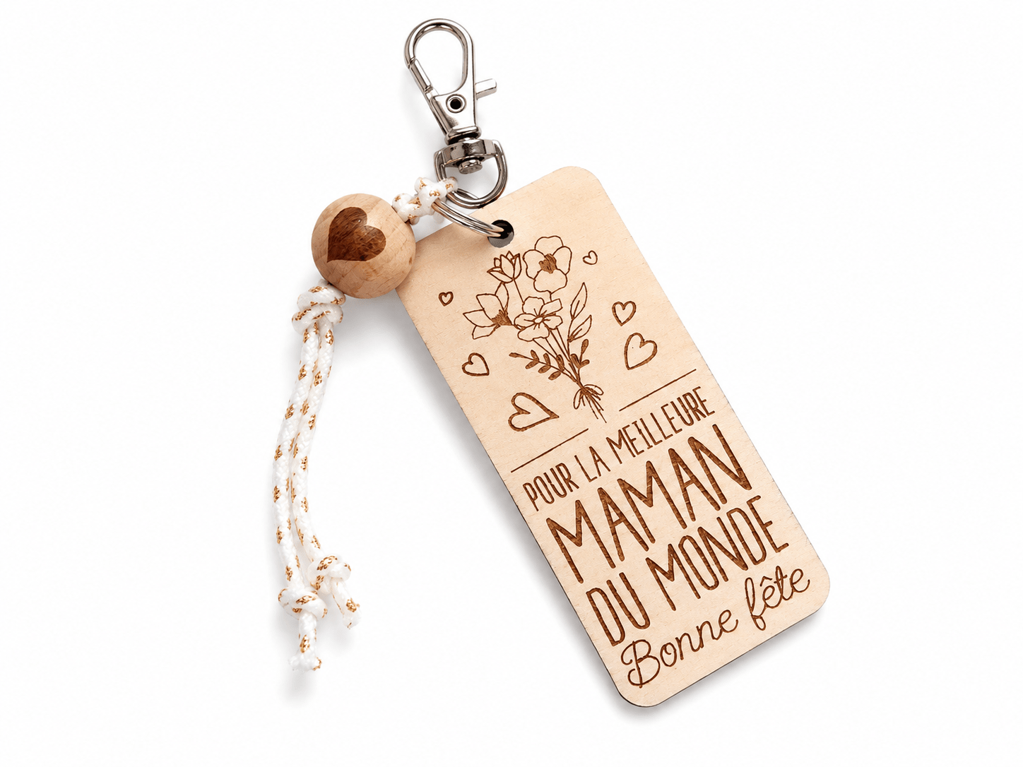 porte clefs gravé en bois avec perle cœur er cordon blanc et doré bouquet de fleurs pour la meilleure maman du monde bonne fête