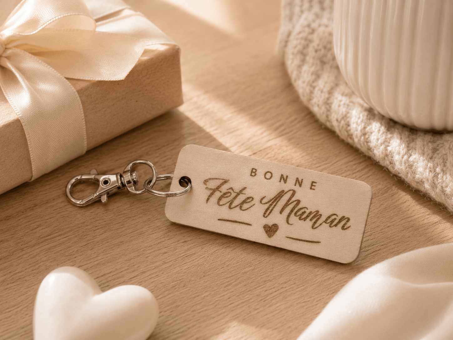 Porte-clés bois calligraphie Bonne Fête Maman posé près d'un paquet cadeau avec ruban ivoire, idée cadeau maman original