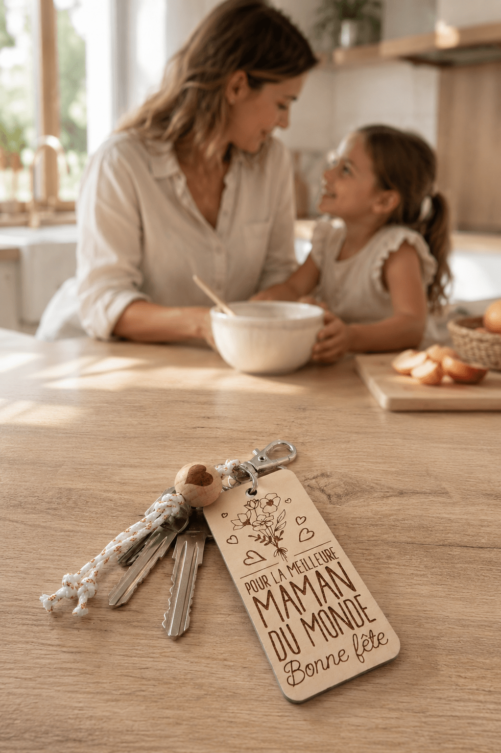 porte clefs gravé fête des mères posé sur un table de cuisine en bois avec clefs accrochées