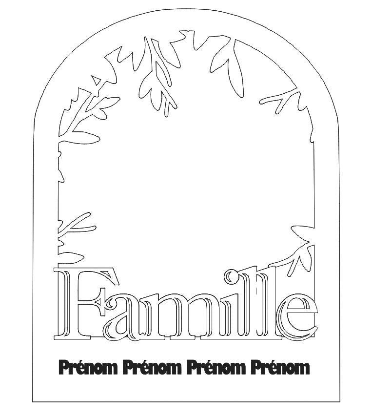 Lanterne lumineuse LED en bois personnalisée avec silhouette famille gravée, feuillage décoratif et prénoms gravés sur la face avant