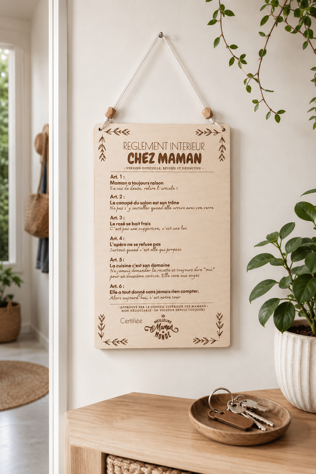 Plaque bois gravée Règlement Intérieur Chez Maman accrochée au mur dans une entrée lumineuse, idée cadeau déco maman
