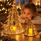 Sapins lumineux en bois Artesama sur une table de Noël, admirés par une petite fille