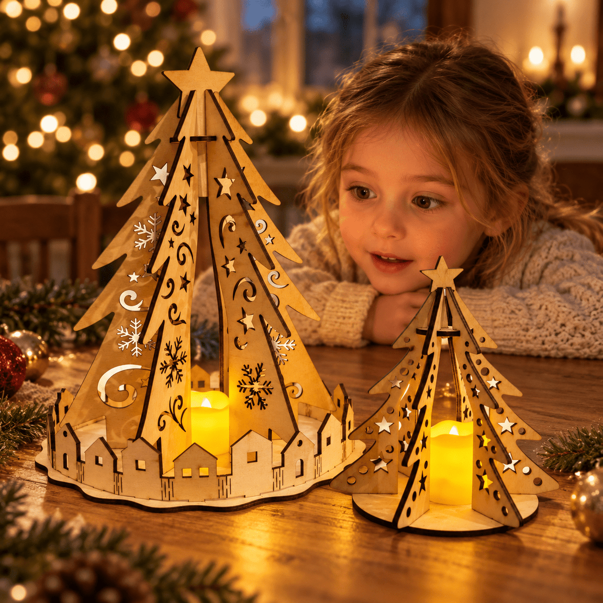 Sapins lumineux en bois Artesama sur une table de Noël, admirés par une petite fille
