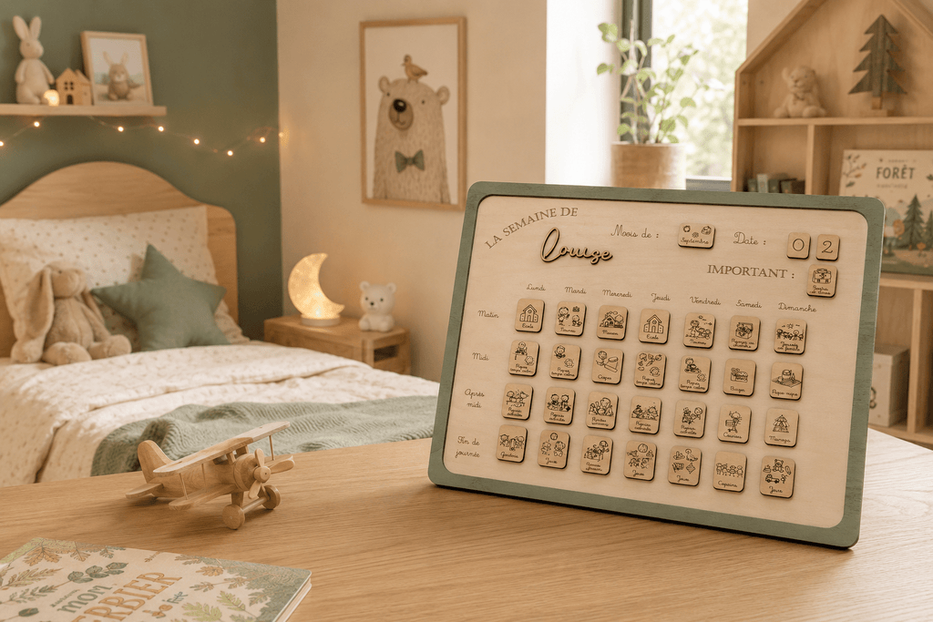 Semainier en bois personnalisé pour enfant avec pictogrammes magnétiques, affiché dans une chambre décorée tons vert sauge et bois naturel