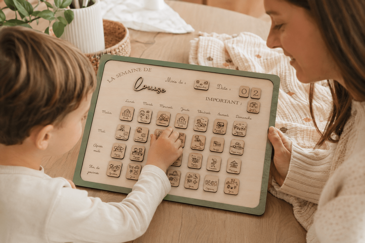semainier en bois aimanté évolutif pour enfant et parents. aide mémoire ludique . personnalisé avec prénom de l'enfant