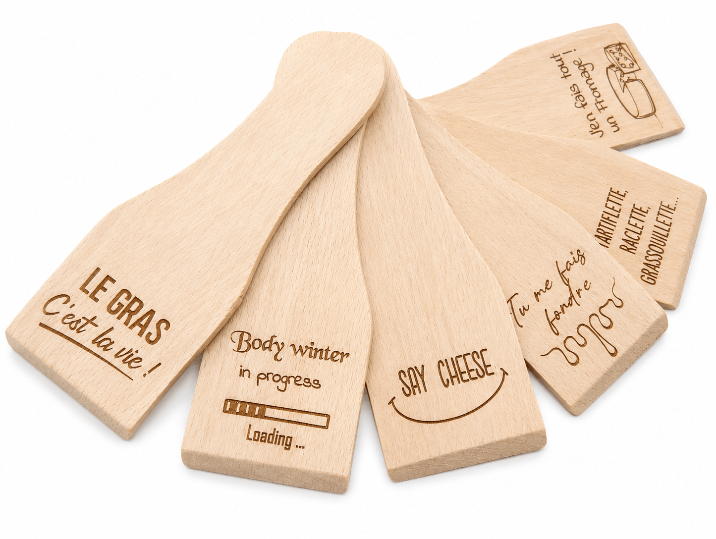 coffret spatules à raclette humoristiques 6 versions cadeau idéal crémaillère anniversaire Noël