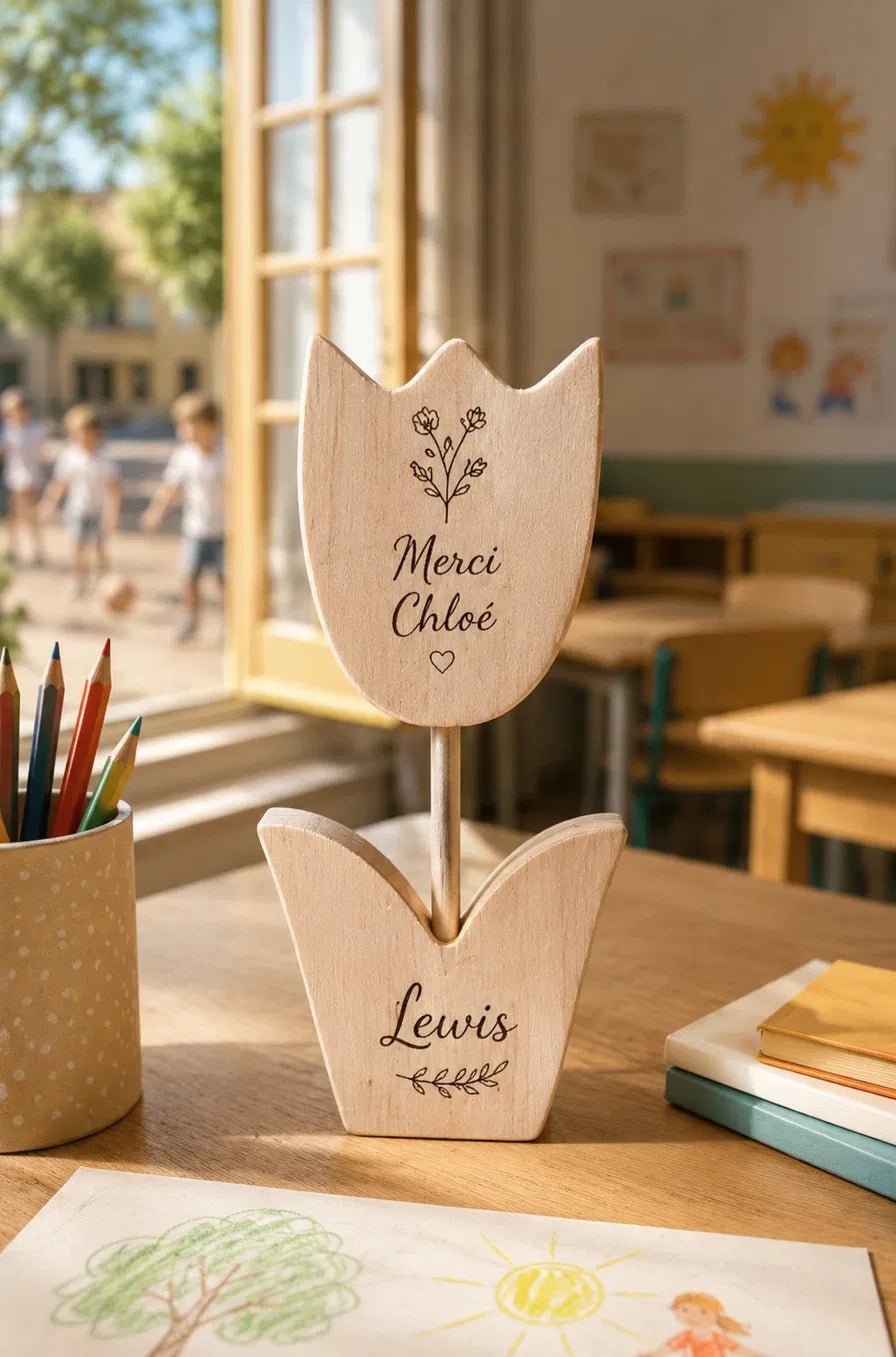 Tulipe en bois gravée "Merci Chloé" posée sur un bureau d'école