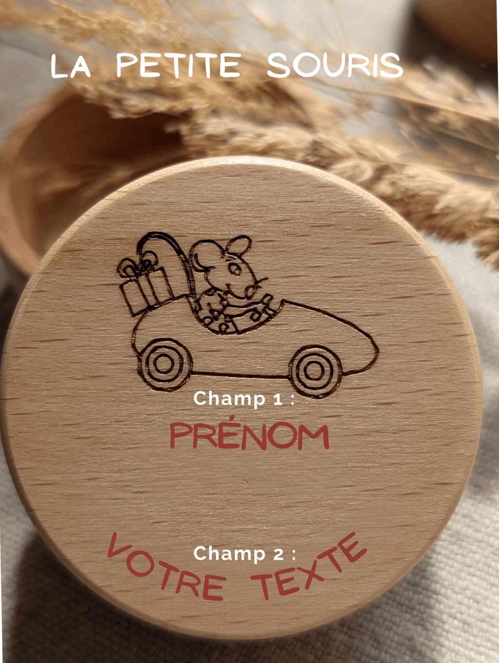 Boîte à dents de lait bois hêtre gravée laser modèle Petite Souris personnalisable prénom et texte cadeau naissance fait main France Artesama