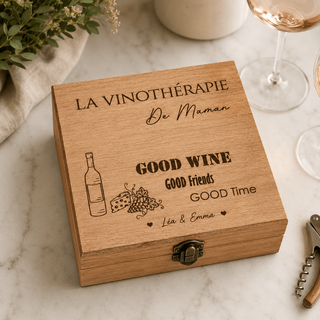 Coffret sommelier bois gravé modèle La Vinothérapie de Maman, cadeau personnalisé pour maman amatrice de vin