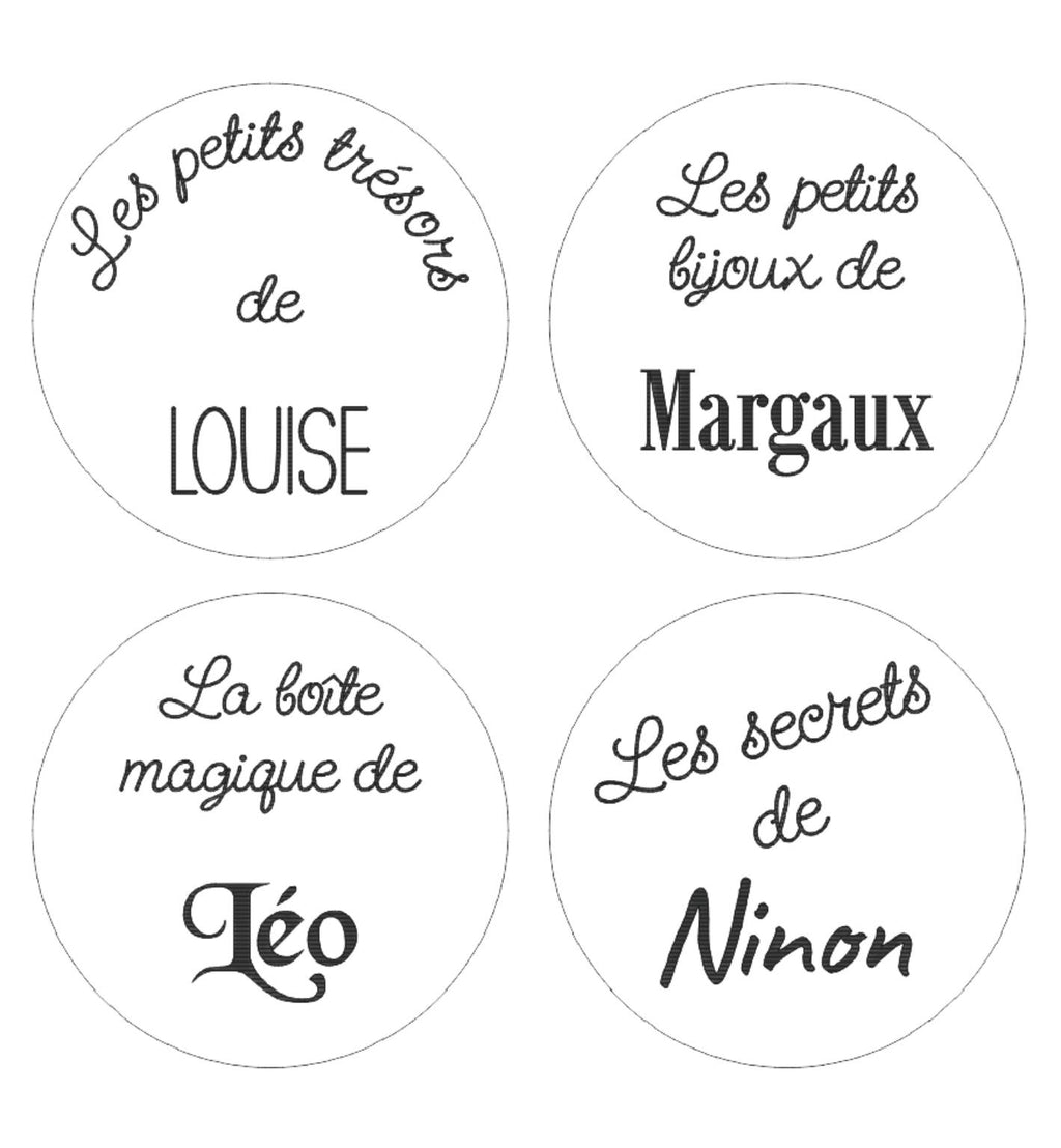 différentes versions de boîtes rondes en bois à offrir. personnalisées avec prénom : les petits trésors de. les petits bijoux de. la boîte magique de. les secrets de . 