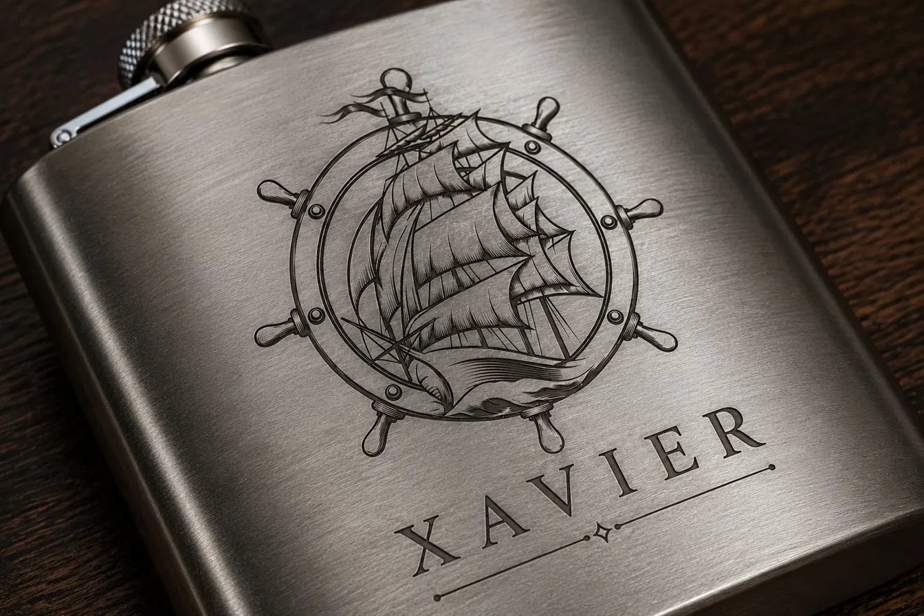 Gros plan gravure laser flasque inox motif voilier trois-mâts roue de gouvernail prénom Xavier — cadeau homme marin